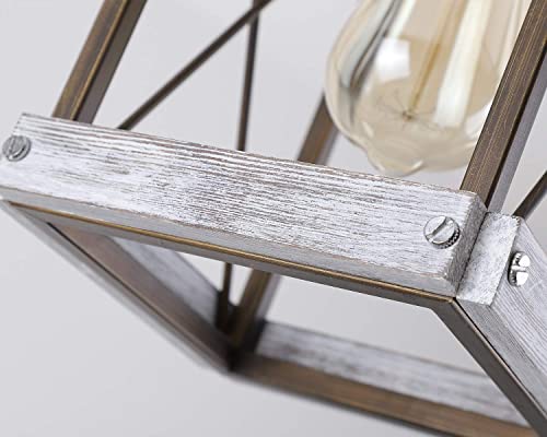 Rustic Farmhouse Wood Pendant Light With Wood And Metal Cage, One-Light Adjustable Rods Mini Pendant Lighting Fixture For Kitchen Island Cafe Bar, Antique Gold And Black #TOP5