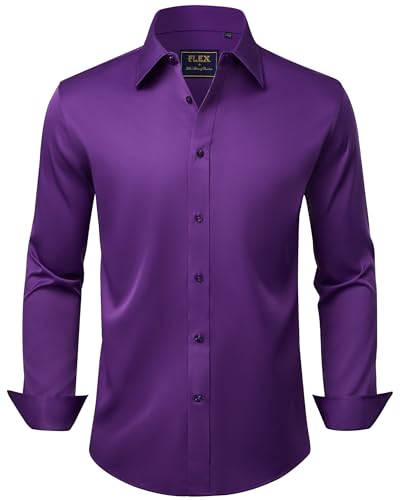 J.VER Men's Dress Shirts Solid Long Sleeve Stretch Wrinkle-Free Formal Shirt Business Casual Button Down Shirts Dark Purple Large