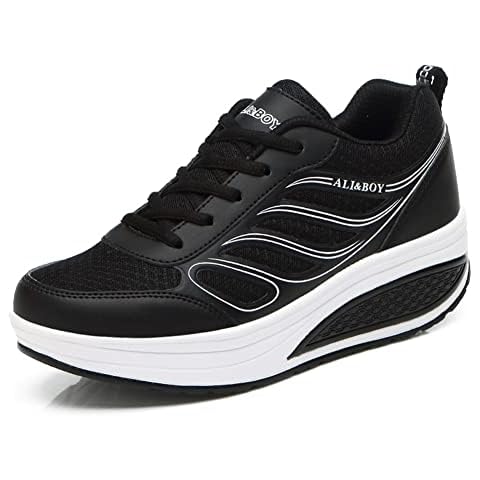 Women Walking Shoes Ladies Slimming Fitness Wedges Platform Sneakers Black,4 UK Cover