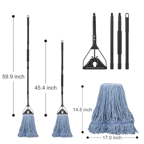Image of Commercial Industrial Mop for Floor Cleaning,3 Extra Large Replacement Head | Reusable,59 inch Long Handle,Heavy Duty Looped-End String Wet Cotton Mop for House,Kitchen,Office,Garage,Tile Floor