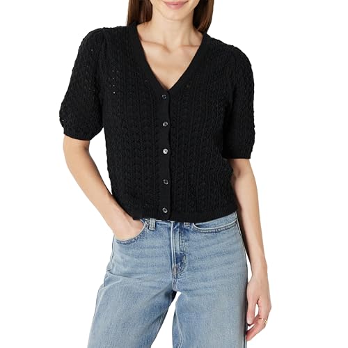 Amazon Essentials Womens Relaxed-Fit Crochet Short-Sleeve Cardigan Black Medium