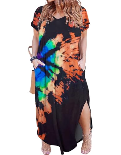 Image of Women's Plus Size Maxi Dresses V Neck Casual Short Sleeve Loose Pocket Slits Long Dress XL-5XL