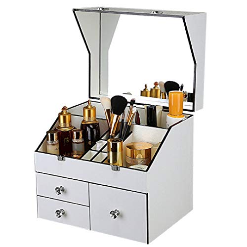 Preisvergleich Produktbild Schminktasche Kosmetiktäschchen Damen Schmuckschatulle Hölzerner Lagerschrank des Tischplattenkosmetikmagazins mit Spiegelkosmetik-Kastenweißmehrschich...