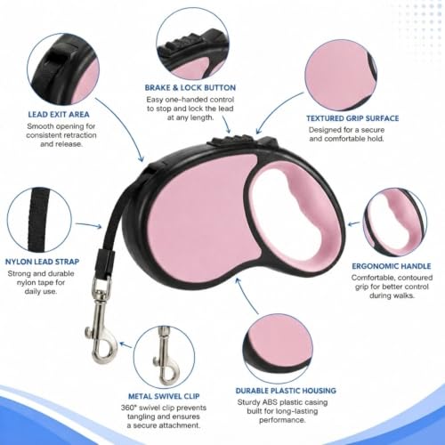 Image of Cawypety Retractable Dog Leash, 16ft /5M Heavy Duty Extendable Dog Walking Lead | One-Hand Brake & Lock, 360 Tangle-Free | Durable Pet Leash with Ergonomic Anti-Slip Handle for All Small,Large Breeds