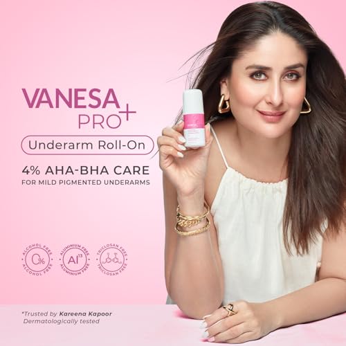 Image of Vanesa Pro+ 4% AHA BHA Underarm Roll-on Deodorant | Derma Action formula for Up-to 48 hrs freshness, Even Tone Skin, Kills bacteria, Reduces Body Odor & Mild Pigmentation | 1% Mandelic, 2% Lactic, 1% Salicylic, Kojic Acid, Niacinamide | Alcohol & Aluminium Free |Pearl Fragrance,50ml