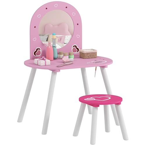 AIYAPLAY Tocador Infantil con Taburete y Espejo, Tocador para Niñas con Dibujos de Corazones, Mesa de Maquillaje para Niños y Niñas de 3-6 Años, Rosa