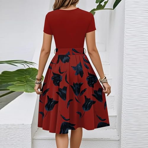 Summer Midi Dresses for Women Short Sleeve Casual Trendy Ruched Swing A Line Dress Elegant Floral Knee Length Dress2