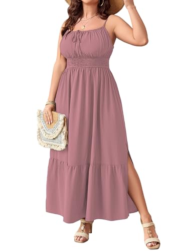 Image of SCOMCHIC Plus Size Summer Boho Dresses Spaghetti Strap Sleeveless Casual Sundress Smocked Flowy Slit Beach Maxi Dress