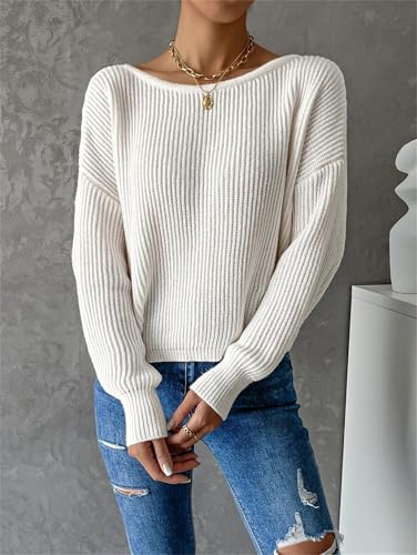 SKAYS Open Back Sweater for Women, Women Criss Cross Boat Neck Long Sleeve Crop Sweater, Frenchy Twist Back Sweater3