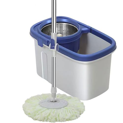 DECORN Juego de fregona giratoria y Cubo con escurridor, Cabezal de fregona Giratorio de 360° con 5 recambios de fregona de Microfibra y Mango de Acero Inoxidable,Azul