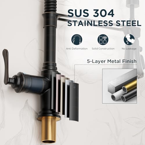 Image of FORIOUS Rustic Kitchen Faucet with Pull Down Sprayer Oil Rubbed Bronze, 3 Modes Stainless Steel High Arc Vintage Spring Sink Faucet 1 or 3 Holes for Pot Filler, Farmhouse Camper Wet Bar