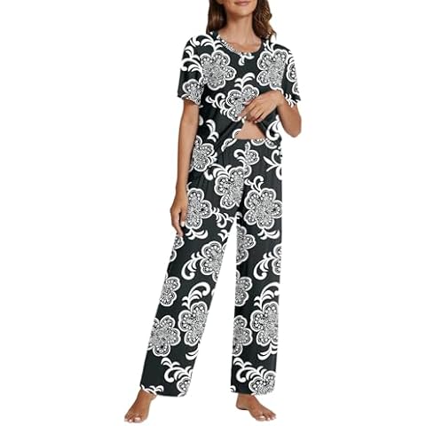 POKWAI 2024 Womens Pajama Sets Short Sleeve Top with Pants Soft Pj Women Pajamas Summer Pajamas for Women(Black Print,Large) Cover