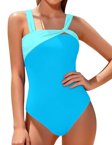 Image of BAVADER Girls Swimsuit One Piece Modest Girls Bathing Suit Solid Square Neck Ruched Adjustable Straps Padded Swimwear 9-16y