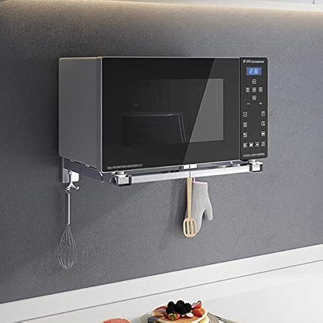 Microwave Storage Rack Wall-Mounted Microwave Oven Rack Stand,Microwave Oven Rack,Foldable Arm Adjustable Extensible Wall Hanging Microwave Brackets Oven Stand Shelf Rack/Silver