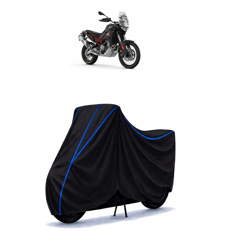 Image of Tuono 660 Bike Cover Water Resistant Universal Motorcycle Rain | Heavy Duty UV Protection, Dust, Scratch Indoor Outdoor All Weather with Black Blue Piping Elastic