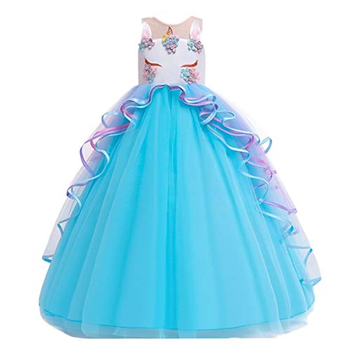 IZKIZF Girls Unicorn Rainbow Princess Birthday Party Carnival Cosplay Dress Up Costume Long Maxi Tulle Evening Gown Blue 8-9T