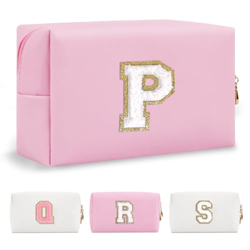 Personalized Initial A-Z Preppy Patch Makeup Bag,Small PU Chenille Letter Cosmetic Bag with Zipper for Teen Girls,Pink Cute Toiletry Organizer Bag,Monogram Makeup Case Gift for Women Girls,Letter P