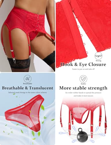 Image of ohyeah Plus Size High Waist Garter Belt Set Lace Mesh Suspender Belt with 6 Vintage Metal Clip for Stockings