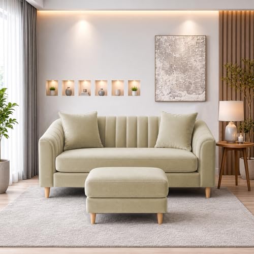 Image of Doraldo 2 Seater Sofa Set with Ottoman for Living Room (Cream) Premium Fabric Sofa
