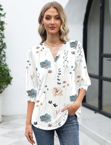 Rapbin Ladies Blouses 3/4 Length Sleeve Elegant V-Neck Summer Casual Tunic Tops for Women Business Shirts (12-14, White Blue Floral) - Image 5