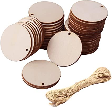 Glimpsekart 50pcs 1.97" Wooden Slices Circle Round-Shaped Blank Name Tags Wine Tag Have Hole Unfinished Wood Cutout Labels Art Craft Pieces for Wedding Party Birthday (Round)-image-21