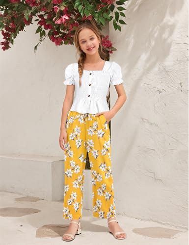 Image of Girls Clothes Solid Color Square Collar Stretch Top and Wide Leg Pants Clothes for Teen Girls 6-14Y