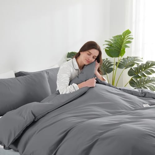 Image of Hearth & Harbor Grey Duvet Cover King Size, 3 Piece Bedding Set | Soft Double Brushed Bedding Set, Button Closure, 1 Duvet Cover 104x90 Inches, 2 Pillow Shams