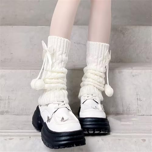 White Leg Warmers with Bow and Fur Balls, Y2K Rib Knit Boot Socks, Harajuku Cutecore Leg Warmers for Women2
