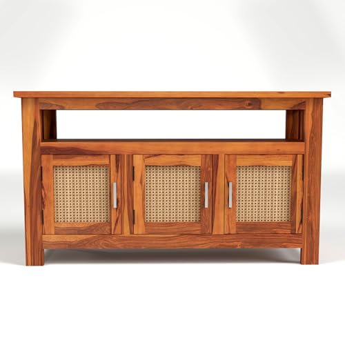 Image of Sheesham Wood Kitchen Cabinet with Cane Woven Doors | Solid Wood Storage Sideboard with Open Shelf & 3 Door Cabinet | Rosewood Storage Cabinet for Living Room (Natural Finish)