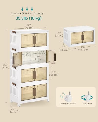 Image of SONGMICS 26QT Plastic Storage Bins with 1 Lid, 4-Tier Stackable Bins with Doors and Wheels, Foldable Storage Boxes, for Closets, Bedroom, Living Room, Office, White URLB445WZ01