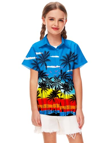 Image of Remimi Unisex Kids 4th of July Button Up Shirt Boys American Flag Print Hawaiian Beach Short Sleeve Tops 5-14 Years