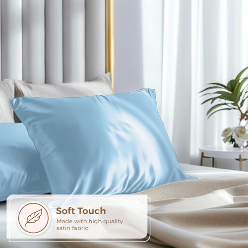 Image of Satin Pillow Covers Set of 2 with 3 Free Random Color Hair Scrunchies - Anti-Frizz, Skin-Friendly, Soft & Durable Pillowcase Set for All Hair Types (Aqua)
