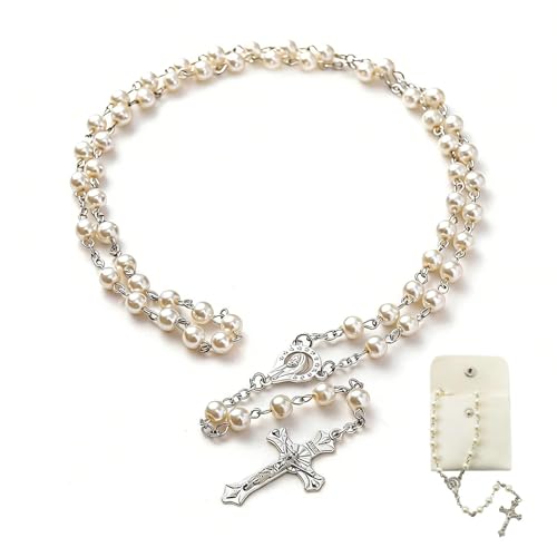 KNUIUYY Collier de Croix Catholique Élégant, Chapelet de Communion avec Croix Rétro, Chapelet Catholique avec Pochette Cadeau en Velours, pour...