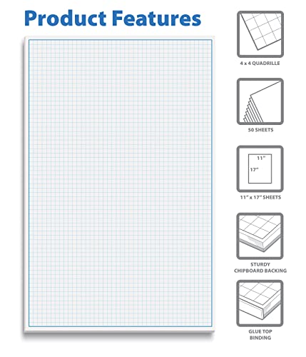 Better Office Products Graph Paper Pad, 17" X 11", 50 Sheets, Blue Line Border, Blueprint Paper, Double Sided, White, 4X4 Blue Quad Rule, Easy Tear Sheets, Grid Paper, Graph Paper #TOP5
