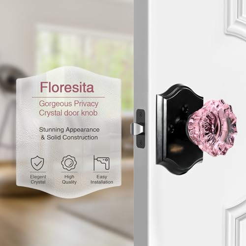Crystal Door Knobs, Pink Black Glass Door Knobs Interior Rose Shape with Lock Privacy Function, Vintage Antique for Bedroom Bathroom