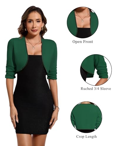 Image of MINTLIMIT Bolero Cardigans for Women Ruched 3 /4 Sleeve Open Front Cropped Cardigan Boleros Shrug Jackets for Evening Dresses