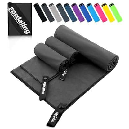 Fosdaling Mikrofaser Handtuch 3er Set - Groß 180×90cm & 2 Klein 80×40cm, Schnelltrocknend Microfaser Sporthandtuch, für Reisehandtuch, Badetuch, Fitness & Sport Handtücher und Strandtuch (Dunkelgrau)