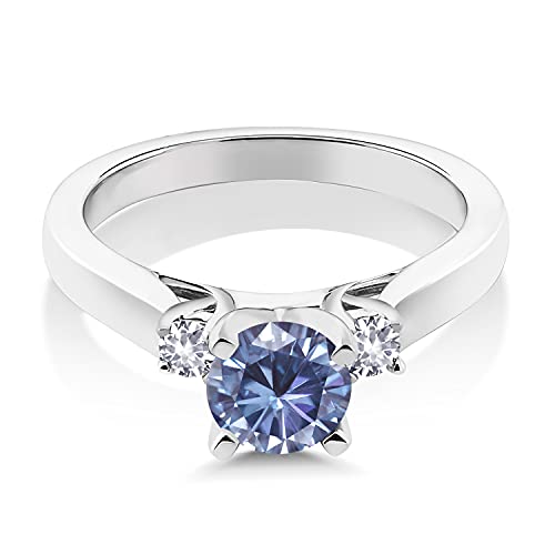 Gem Stone King 925 Sterling Silver Persian Blue Moissanite and White Created Sapphire 3-Stone Engagement Ring For Women (0.90 Cttw, Round 6MM, Gemstone Birthstone, Available in Size 5,6,7,8,9)2