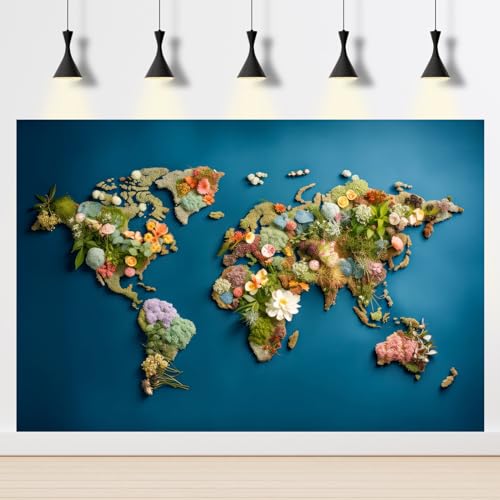 Image of Aquarium Background World Map Composed of Flowers Plants Greenery on Blue Background Terrarium Backdrop Nature-Themed Designs Aquarium Background Fish Tank Backdrop Vinyl 60x24in