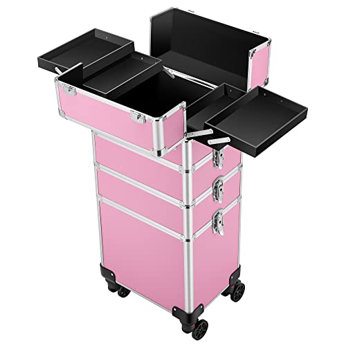 VIVOHOME 4-in-1 Make-up-Trolley, Aluminium, professioneller Kosmetik-Organizer mit Schultergurten, 2 Schlüsseln (Kosmetik ist nicht im Lieferumfang enthalten), rose Cover