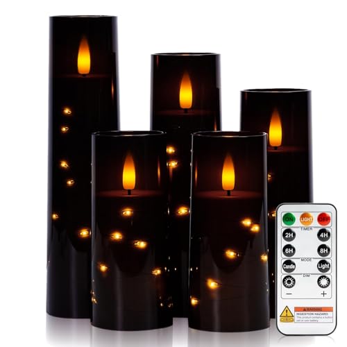 Image of Raycare Flameless Candle with Remote Timer - 5 Flickering Acrylic Battery Operated LED Pillar Candles with Embedded Star String for Halloween, Home Decor, and as a Gift(Black)