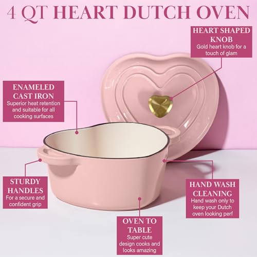 Image of Paris Hilton Enameled Cast Iron Dutch Oven Pot with Lid, Heart-Shaped Dutch Oven, Durable Cast Iron Pot with Dual Handles, Oven Safe to 500F, Works on All Stovetops, 4-Quart, Pink