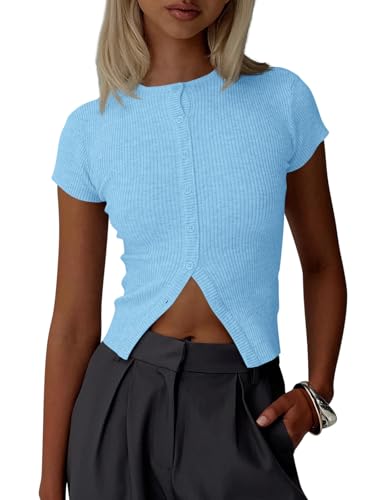 Image of Imily Bela Womens Short Sleeve Sweater Tops Summer Button Down Casual Ribbed Knit Slim Fit Cropped Cardigan Shirts