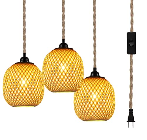 DUNMW Lámpara colgante 3 en 1 con enchufe, pantalla de bambú hecha a mano con cable de enchufe, lámpara colgante, interruptor de encendido/apagado, 15 pies/4,5 m, para sala de estar, sala de estar Cover