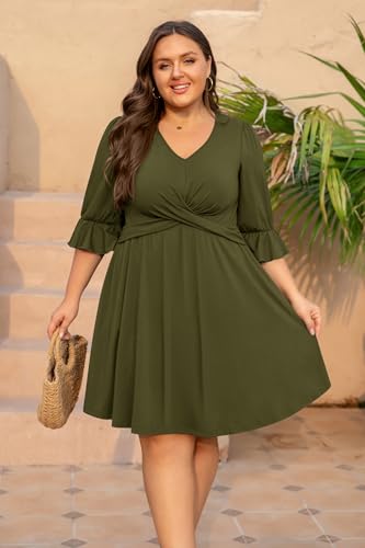 Image of Manllenshie Women's Plus Size 2 Pockets Dresses 3 /4 Ruffle Sleeve V Neck Crossover Flowy Pleats Casual Fall Loose Dress