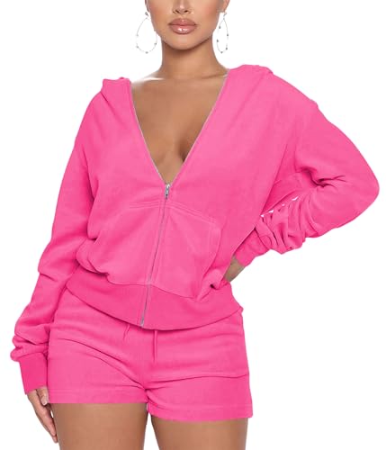 SMSN Women 2 Piece Outfits Sweatsuit Shorts Sets, Velvet Tracksuit Long Sleeve Hooded Zipper Jacket Casual Sweat Set