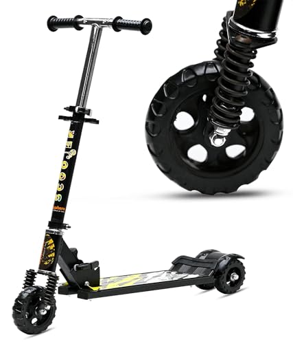 Image of Kick Steel Scooter for Kids, 3 Adjustable Height Scooter, Foldable & Attractive PVC Wheels with Rare Brakes for Kids Age Upto 3+ Years Strong Steel Base Heavy Dute Upto 70kg (with Shocker) (Black)