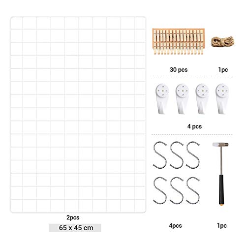 SONGMICS Fotowand aus Drahtgitter, 2er Set, Wanddekor, multifunktionale Gitterwand, Wandgitter, DIY, mit S-Haken, Klammern und Hanfschnur, weiß LPP02W