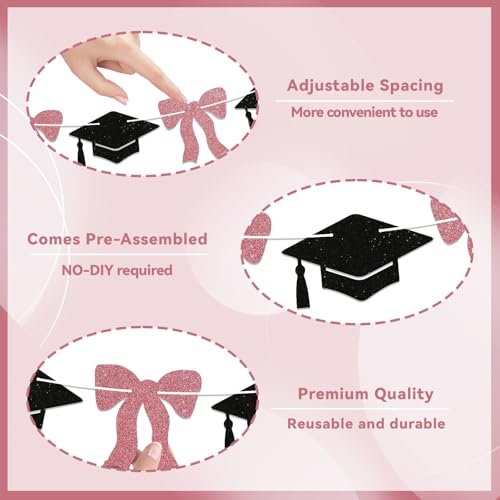 Image of Pink Graduation Decorations - Pink Bow & Graduate Cap Garland, Trendy Graduation Party Decor, 2026 Graduation Party Decorations for Girls Rose Gold Black Glitter