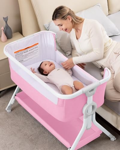 Image of Larex Baby Bassinet Bedside Sleeper Crib Co Sleeper for Newborn Infant Toddler with Mosquito Net, Storage Bag & Basket, 5-Height Adjustable, Movable Wheels, Breathable Mattress & Mesh (Pink)